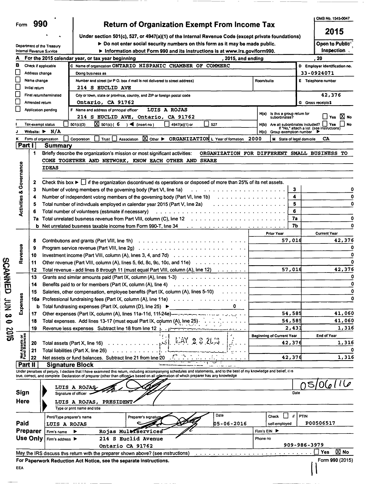 Image of first page of 2015 Form 990O for Ontario Hispanic Chamber of Commerce