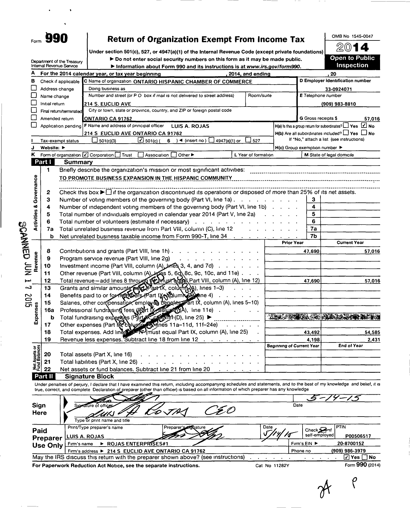 Image of first page of 2014 Form 990O for Ontario Hispanic Chamber of Commerce