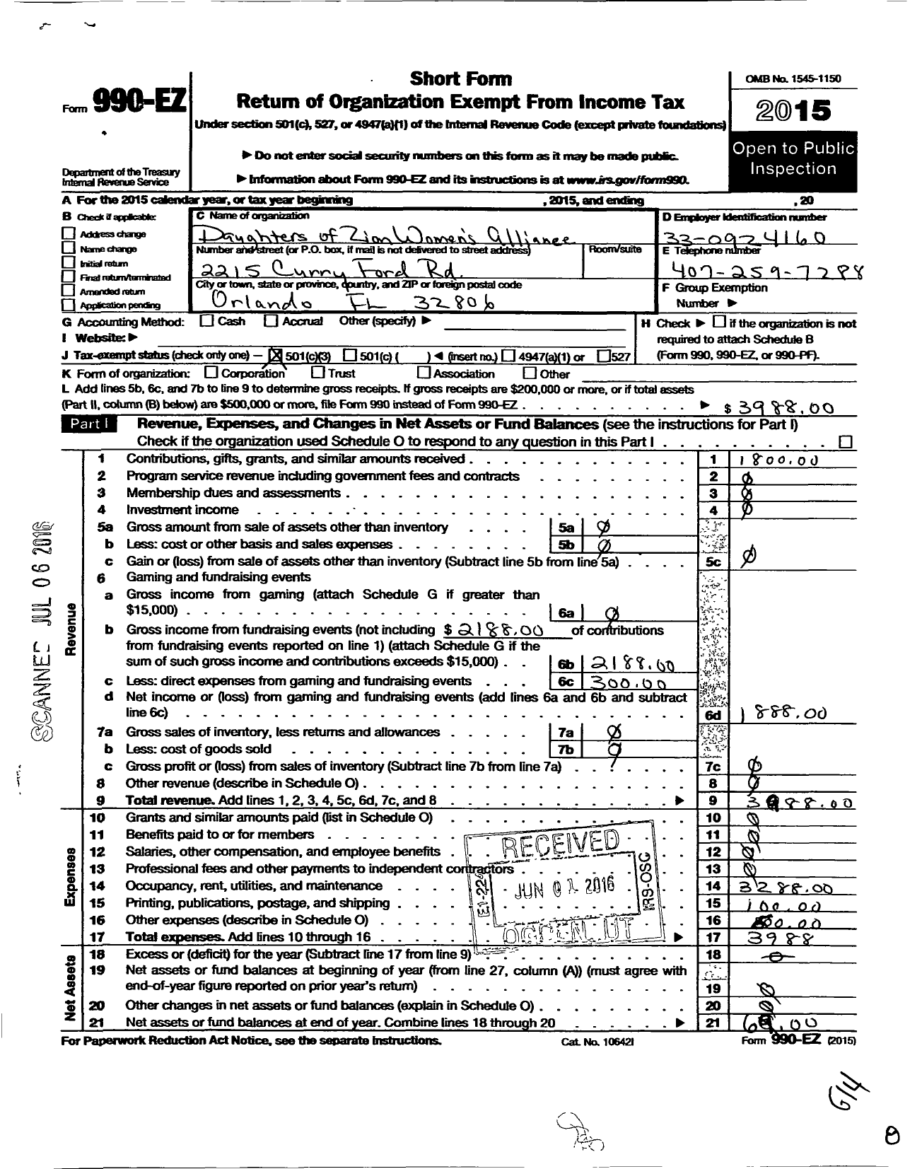 Image of first page of 2015 Form 990EZ for Daughters of Zion Womens Alliance