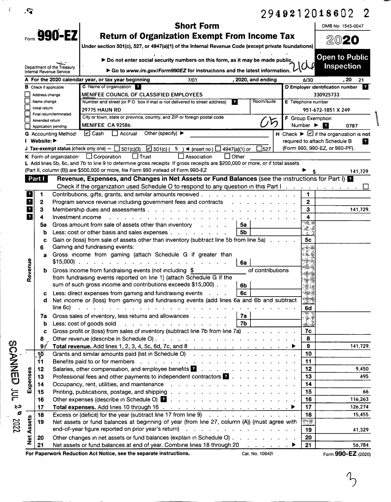 Image of first page of 2020 Form 990EO for American Federation Of Teachers - 6109 Menifee Council Of Classified