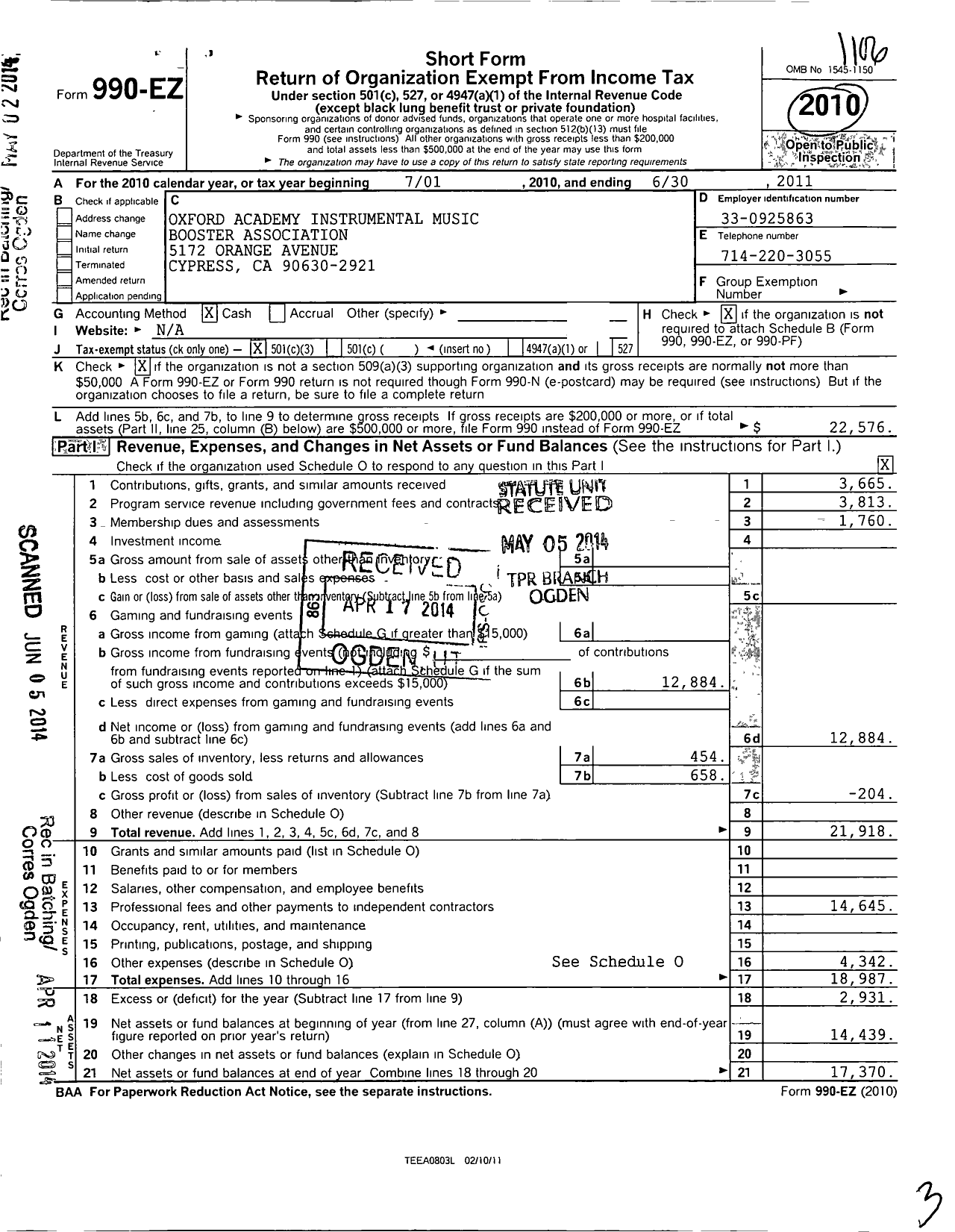 Image of first page of 2010 Form 990EZ for Oxford Academy Instrumental Music