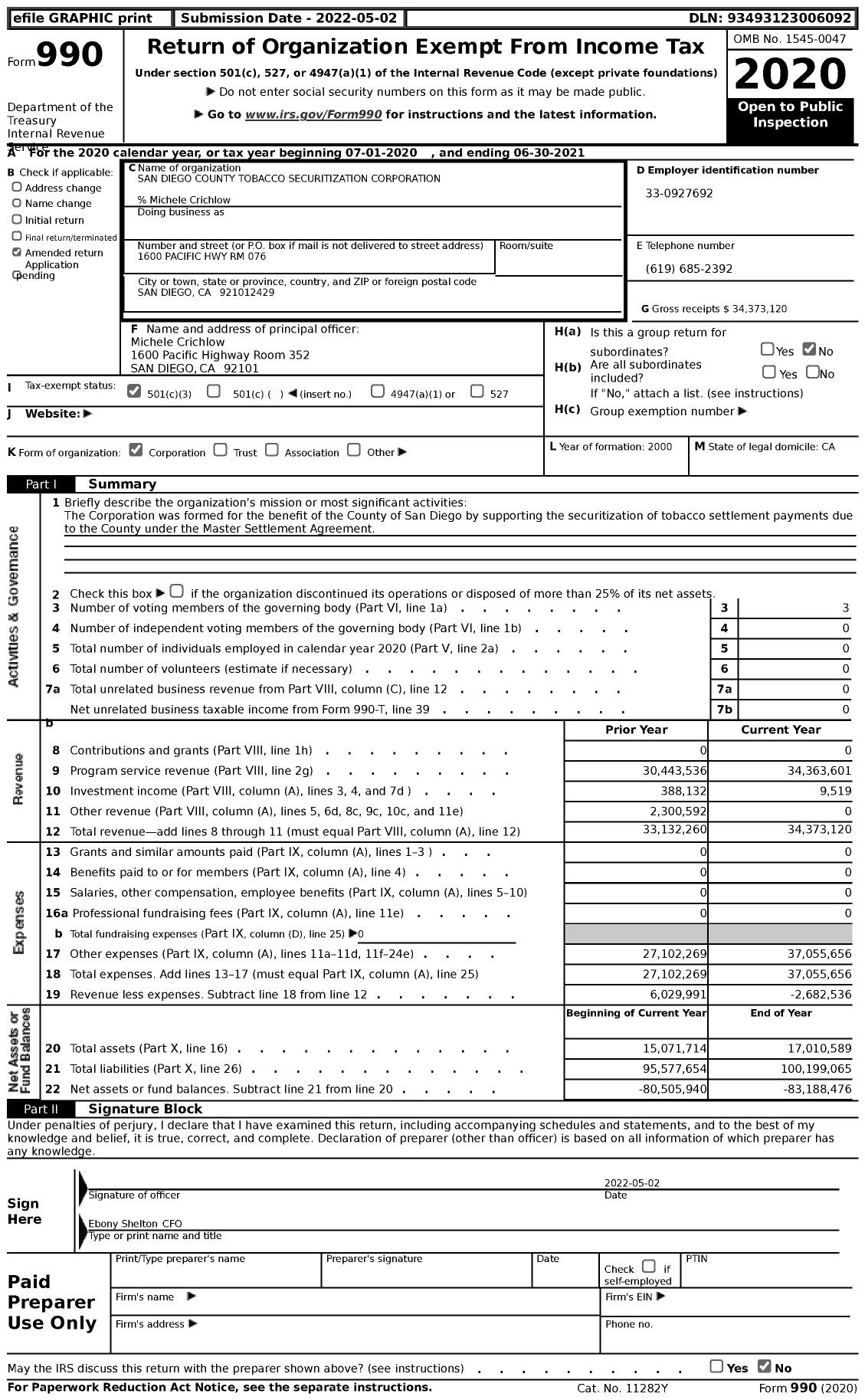 Image of first page of 2020 Form 990 for San Diego County Tobacco Securitization Corporation