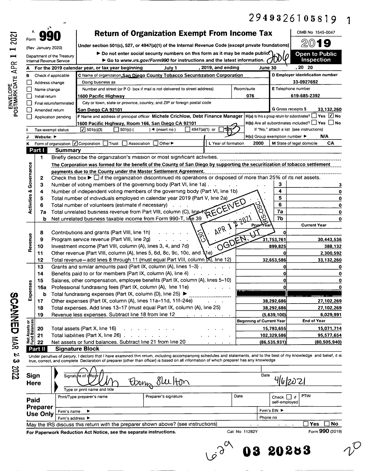 Image of first page of 2019 Form 990 for San Diego County Tobacco Securitization Corporation