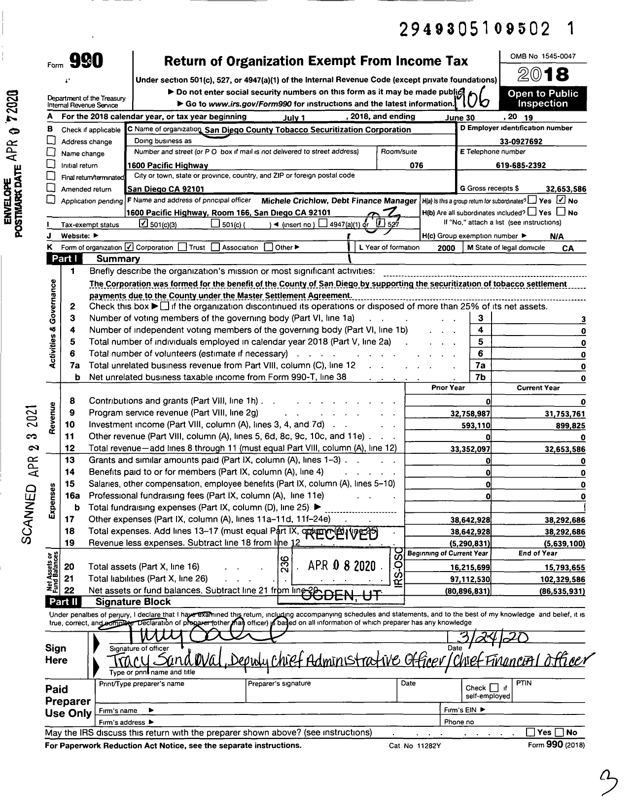 Image of first page of 2018 Form 990 for San Diego County Tobacco Securitization Corporation