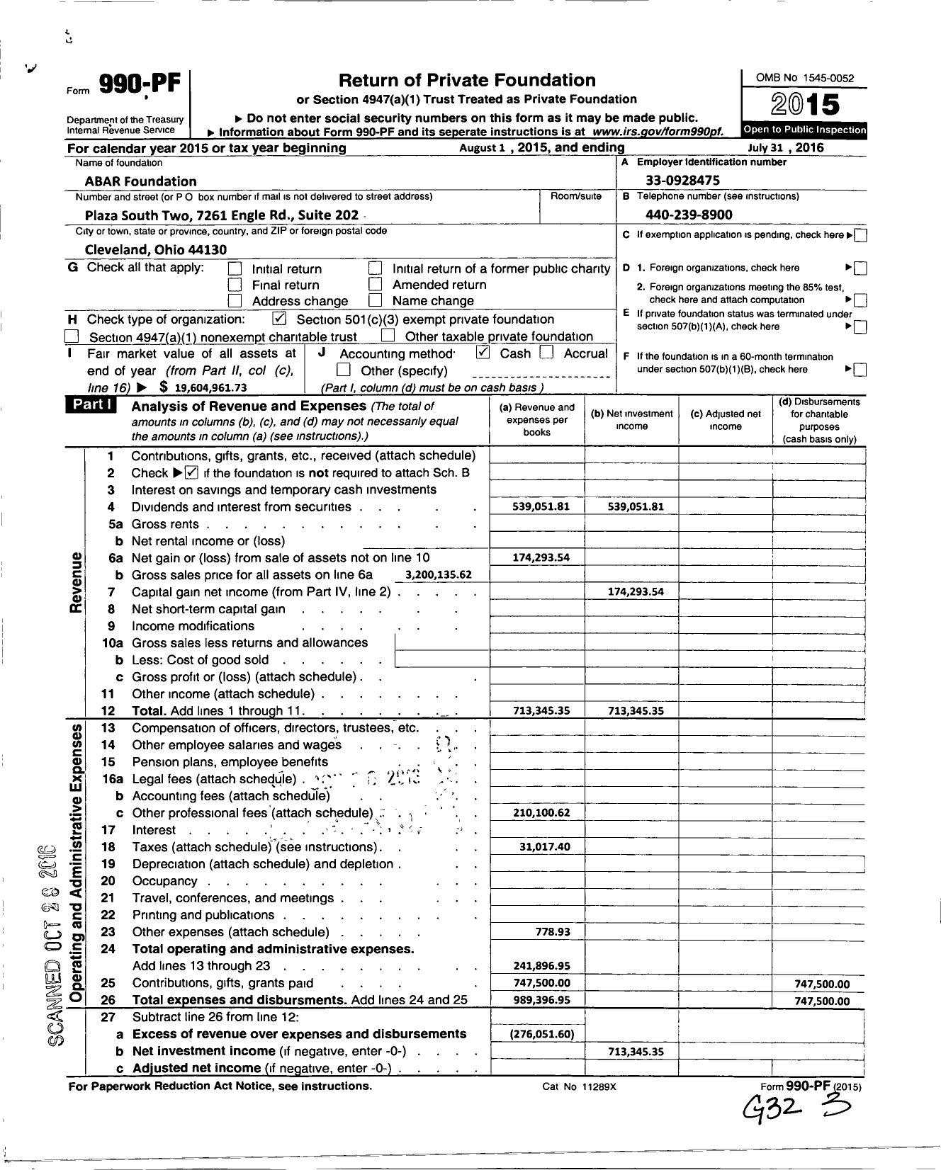 Image of first page of 2015 Form 990PF for Abar Foundation