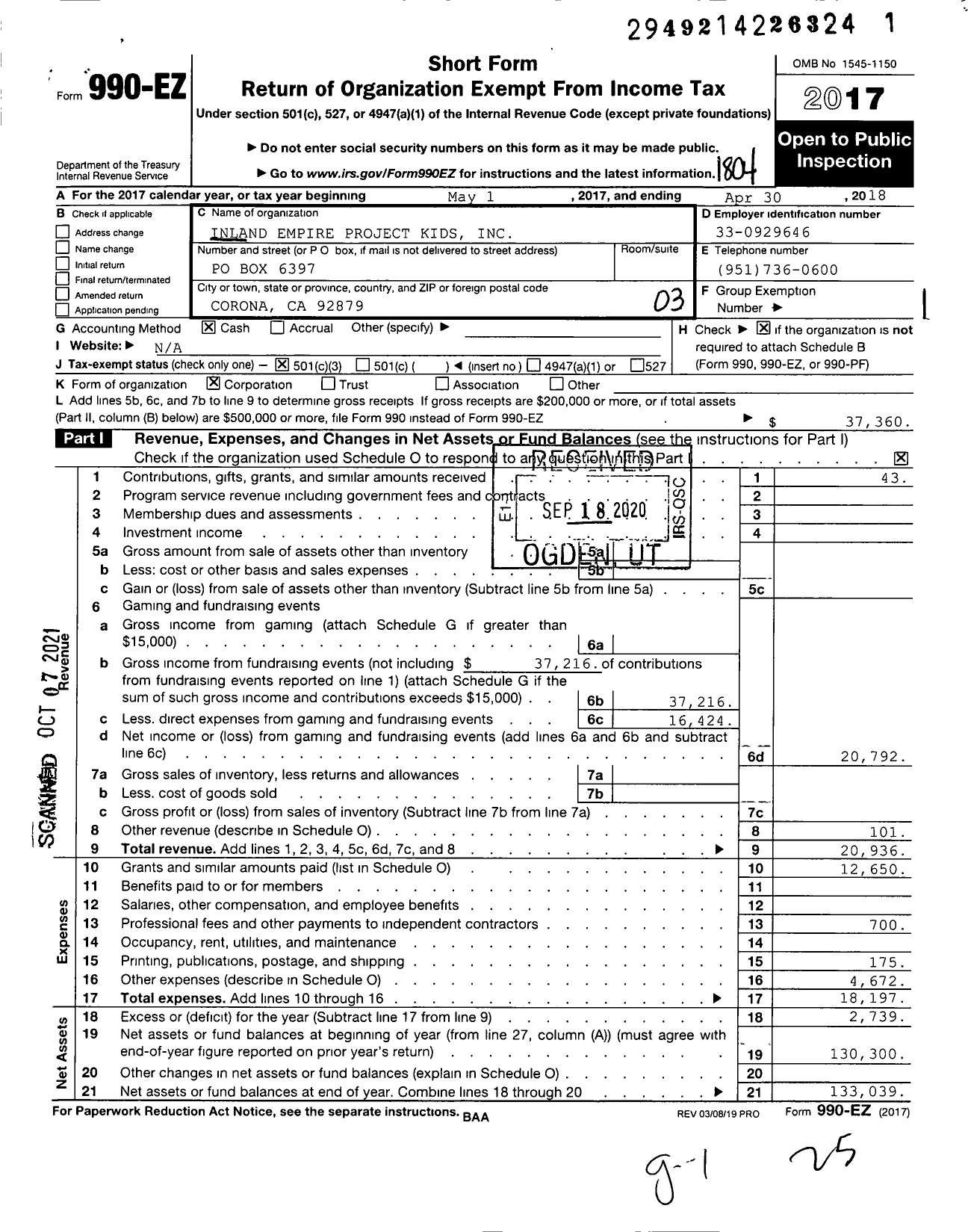 Image of first page of 2017 Form 990EZ for Inland Empire Project Kids