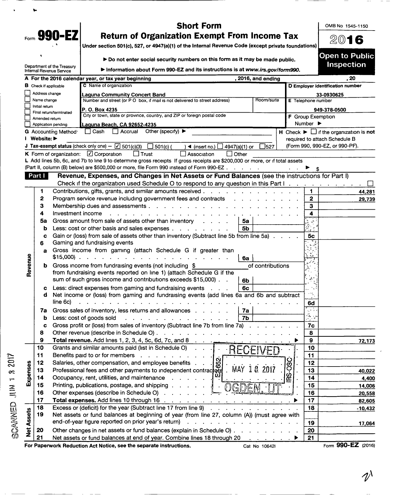 Image of first page of 2016 Form 990EZ for Laguna Community Concert Band