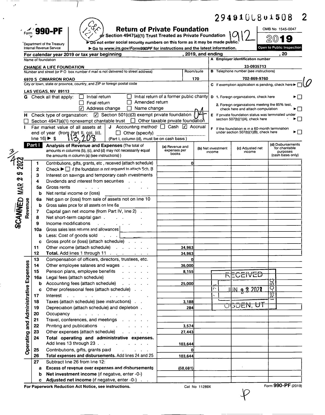 Image of first page of 2019 Form 990PF for Change A Life Foundation