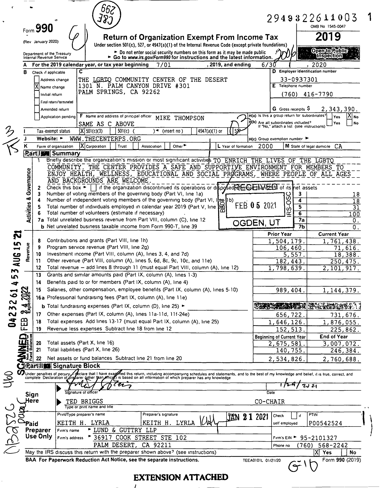 Image of first page of 2019 Form 990 for The LGBTQ Community Center of The Desert
