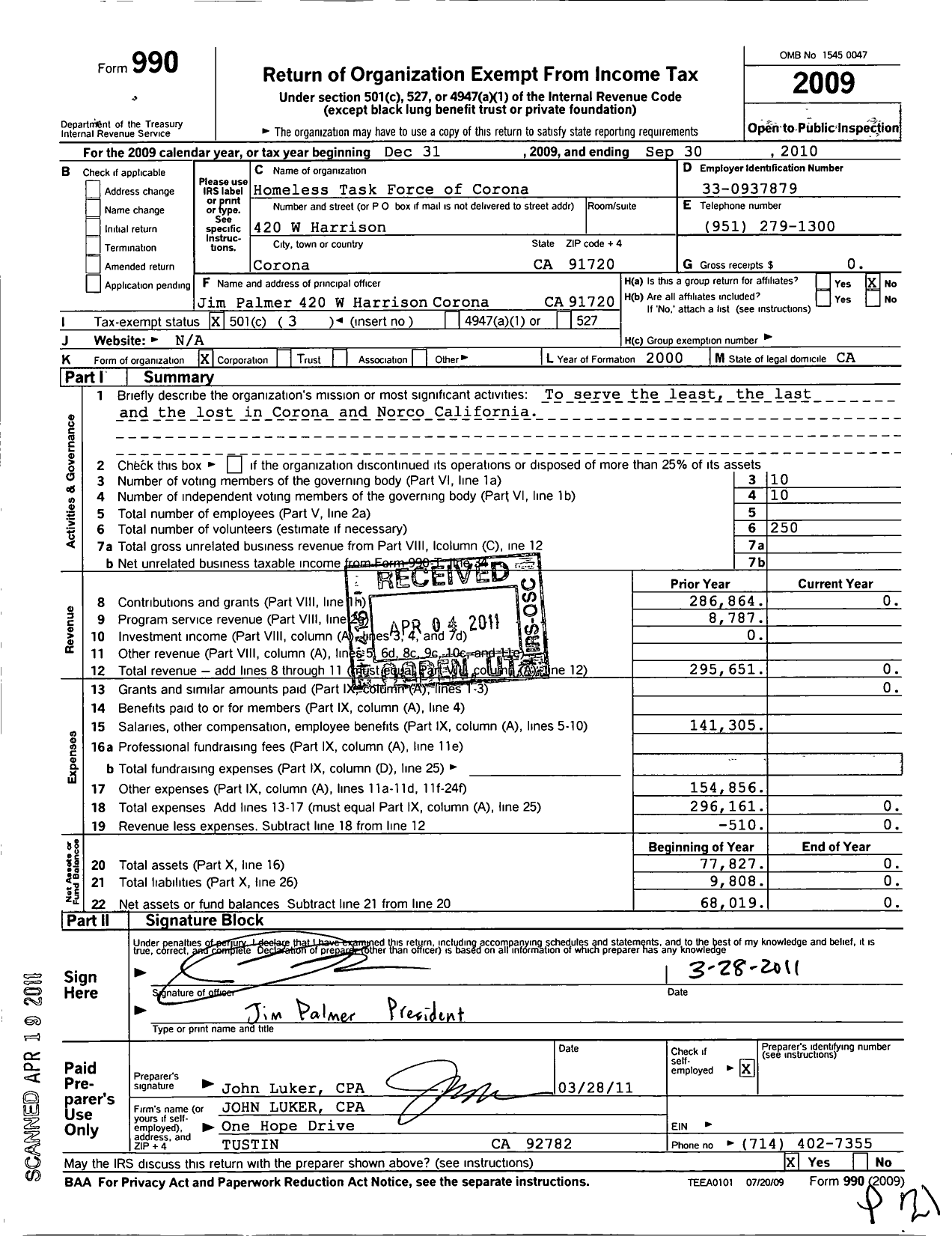 Image of first page of 2009 Form 990 for Temporary Shelter