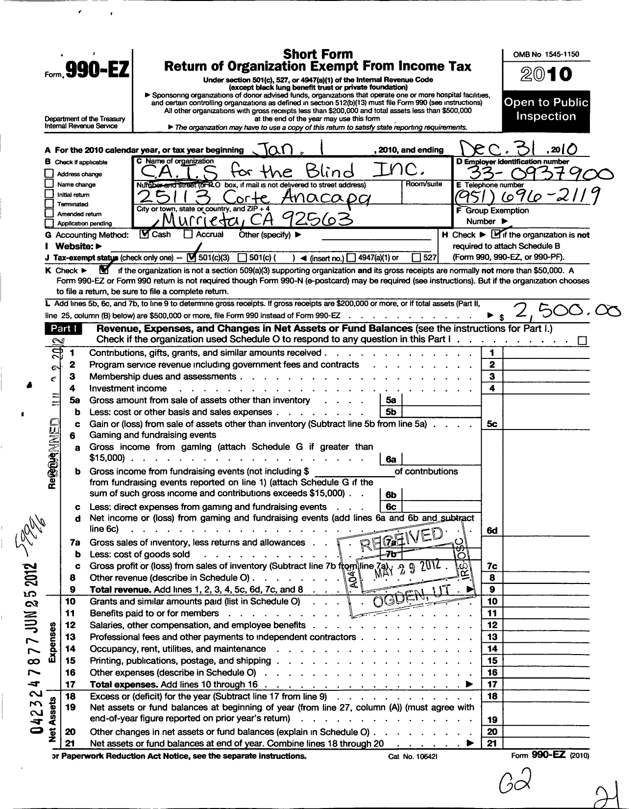 Image of first page of 2010 Form 990EZ for C A T S for the Blind