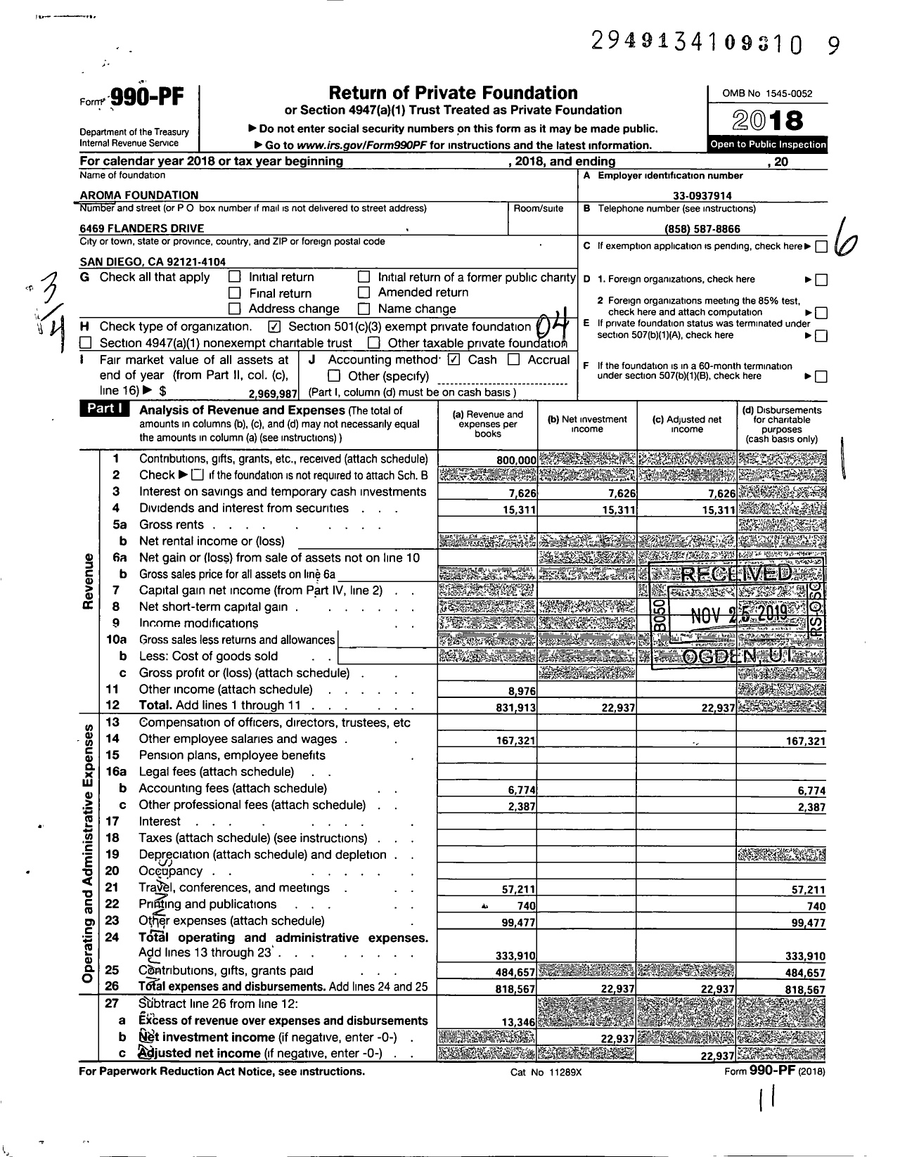 Image of first page of 2018 Form 990PF for Aroma Foundation