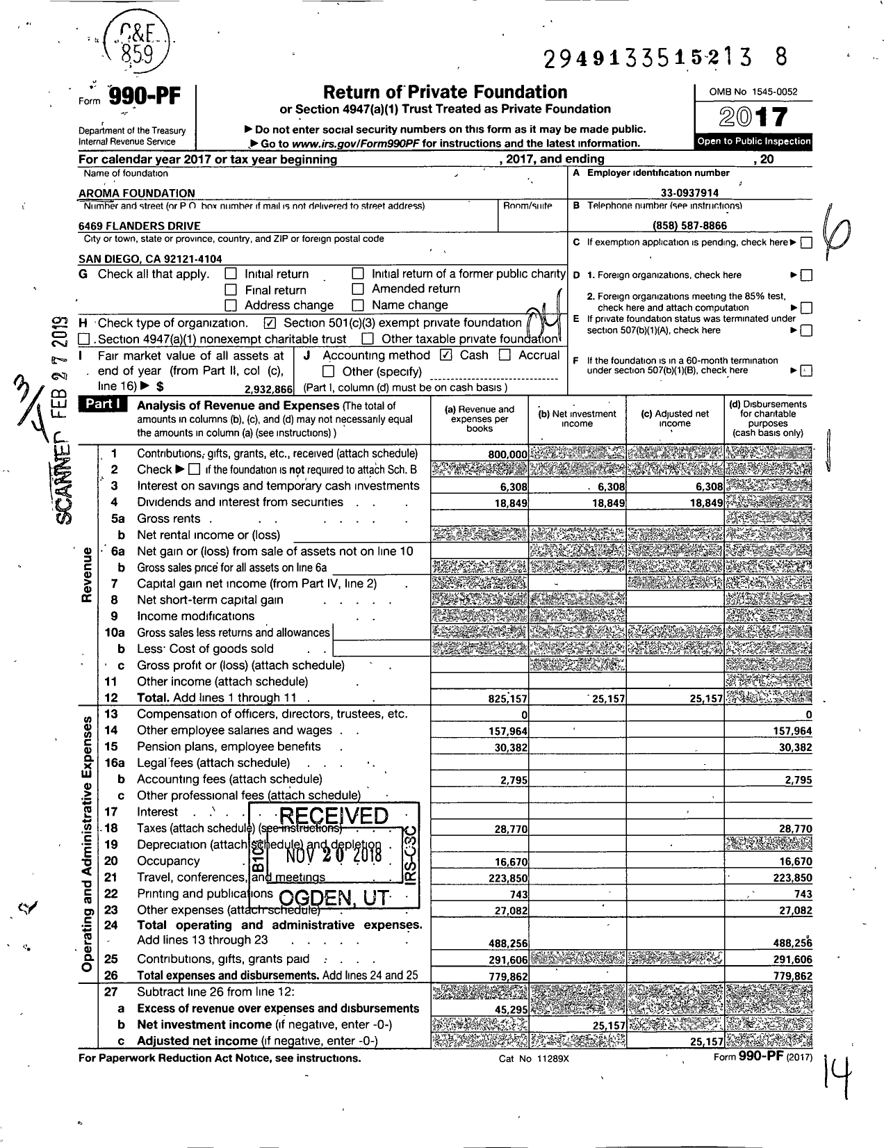 Image of first page of 2017 Form 990PF for Aroma Foundation