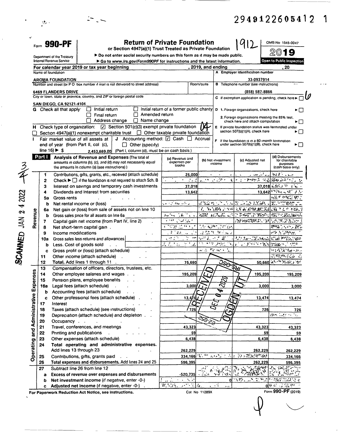 Image of first page of 2019 Form 990PF for Aroma Foundation