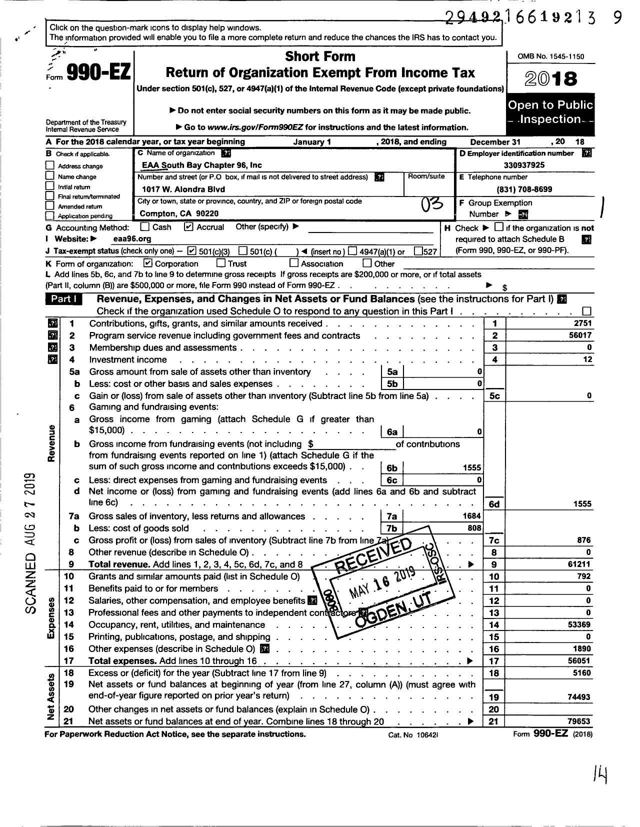 Image of first page of 2018 Form 990EZ for Eaa South Bay Chapter 96