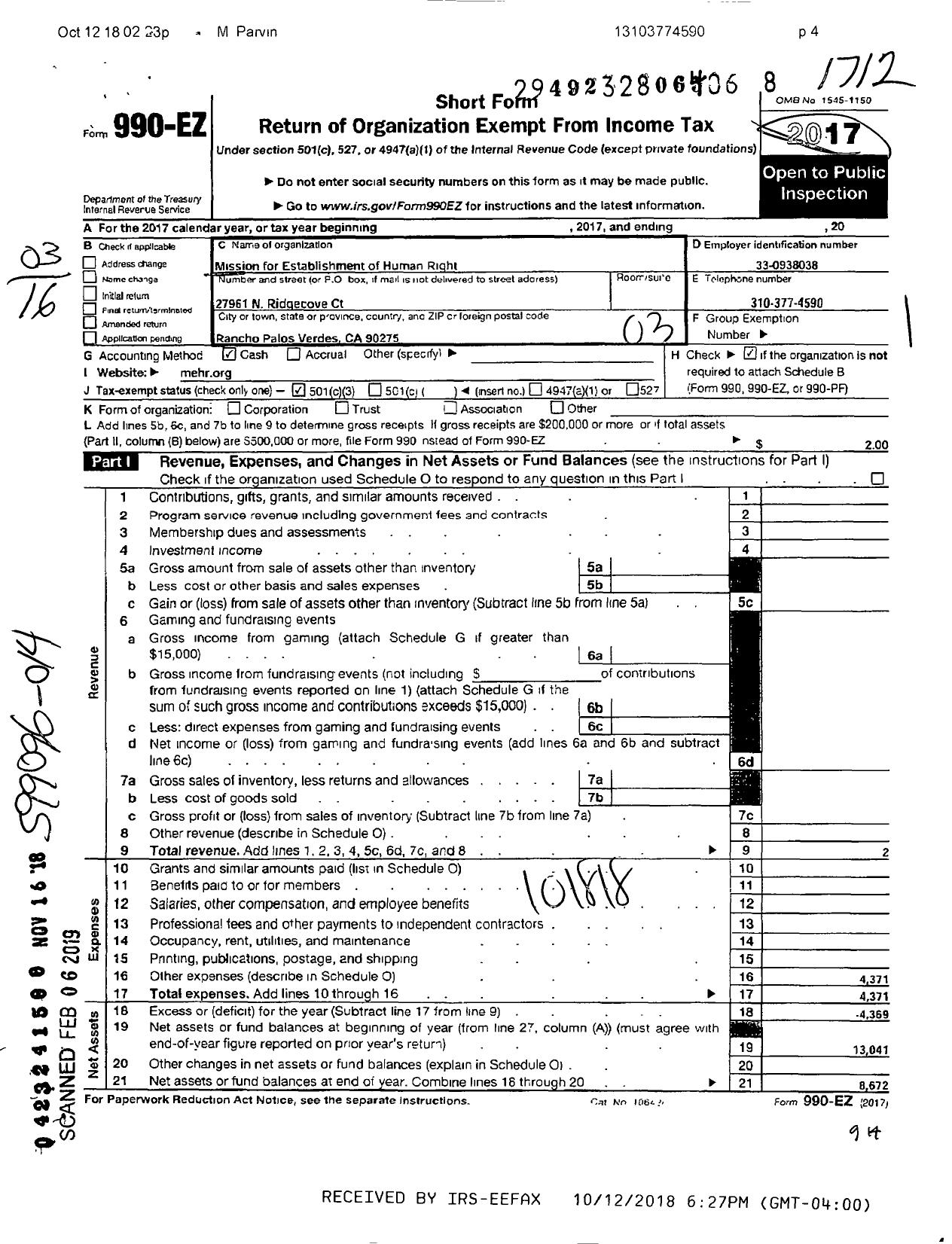 Image of first page of 2017 Form 990EZ for Mission for Establishment of Human Rights