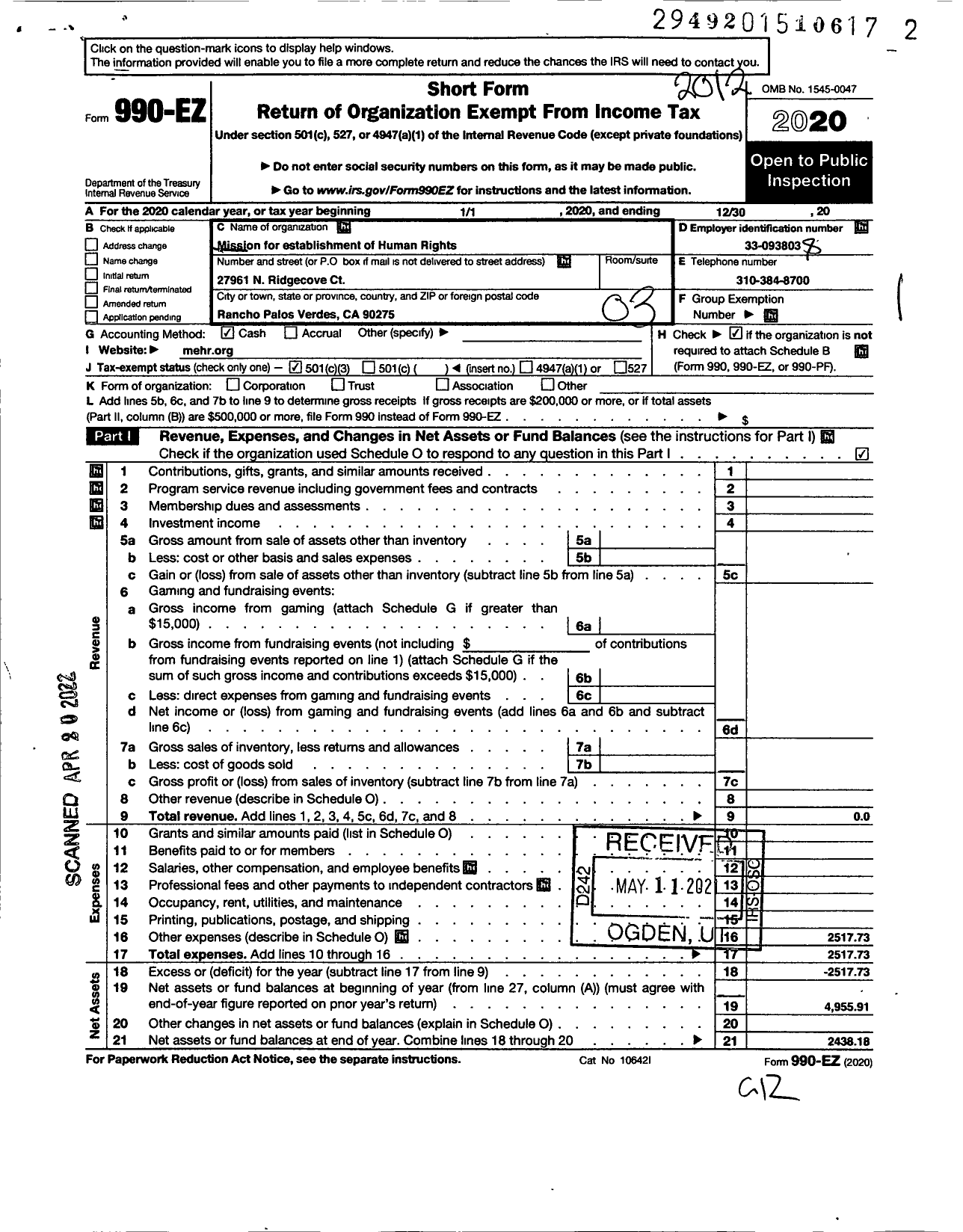 Image of first page of 2020 Form 990EZ for Mission for Establishment of Human Rights