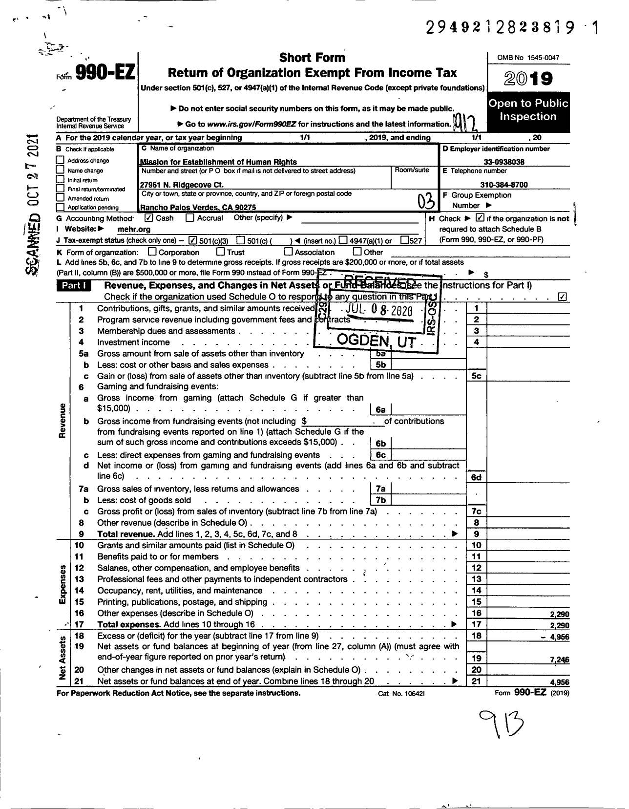 Image of first page of 2019 Form 990EZ for Mission for Establishment of Human Rights