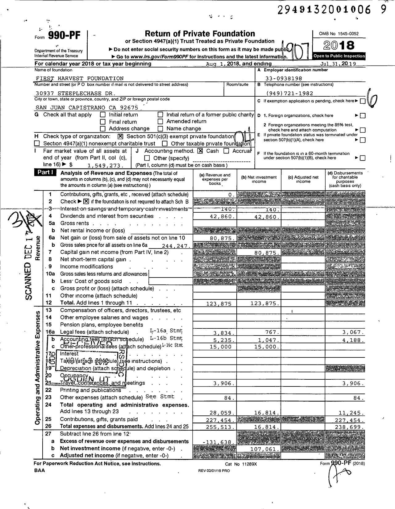 Image of first page of 2018 Form 990PF for First Harvest Foundation