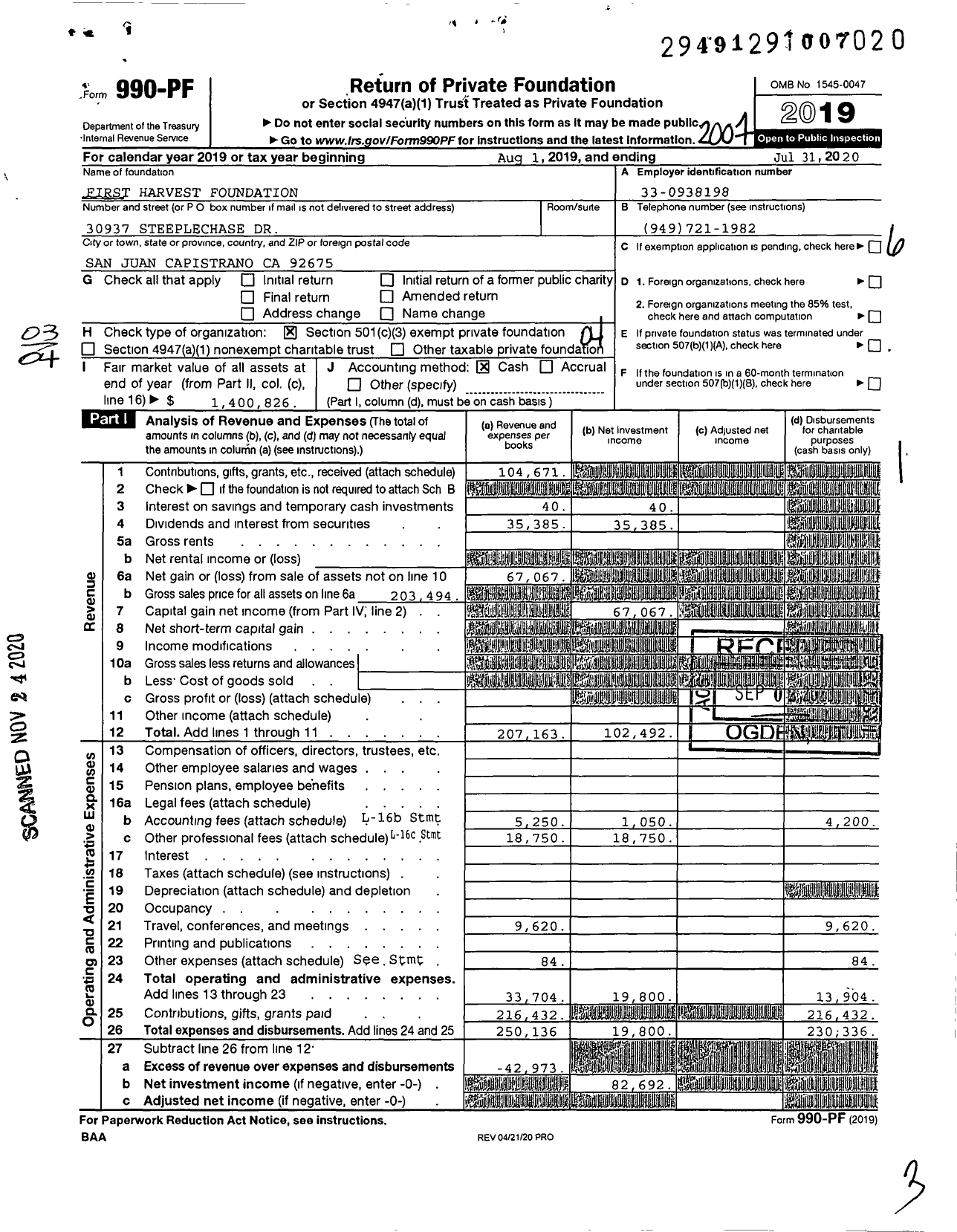 Image of first page of 2019 Form 990PF for First Harvest Foundation