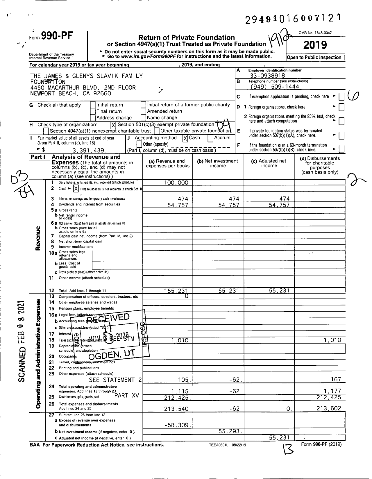 Image of first page of 2019 Form 990PF for The James and Glenys Slavik Family Foundation