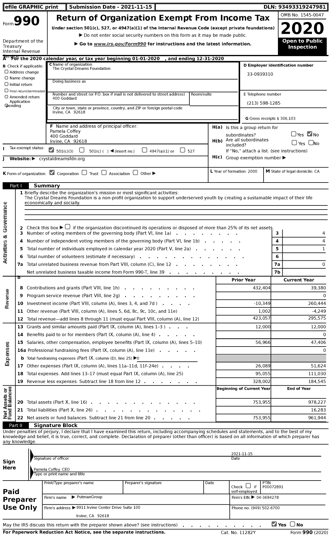 Image of first page of 2020 Form 990 for The Crystal Dreams Foundation