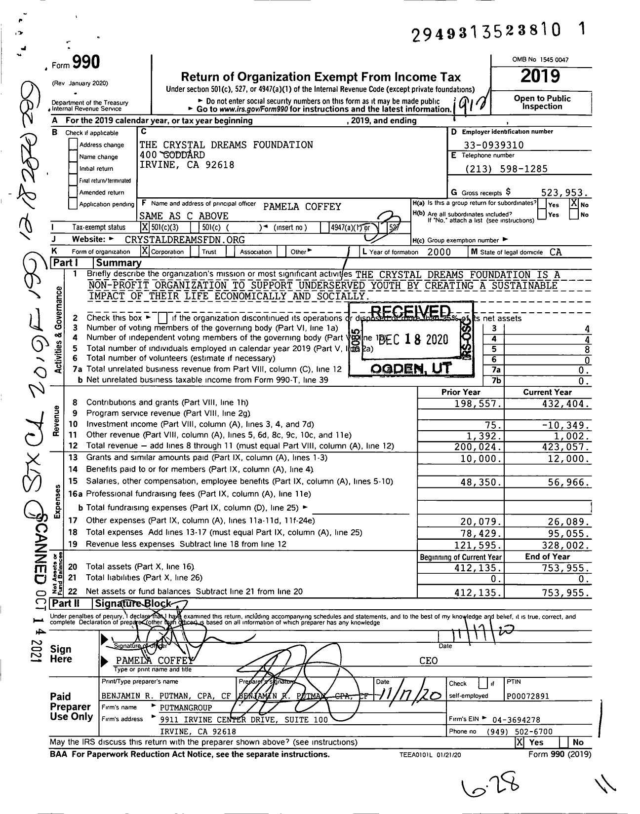 Image of first page of 2019 Form 990 for The Crystal Dreams Foundation