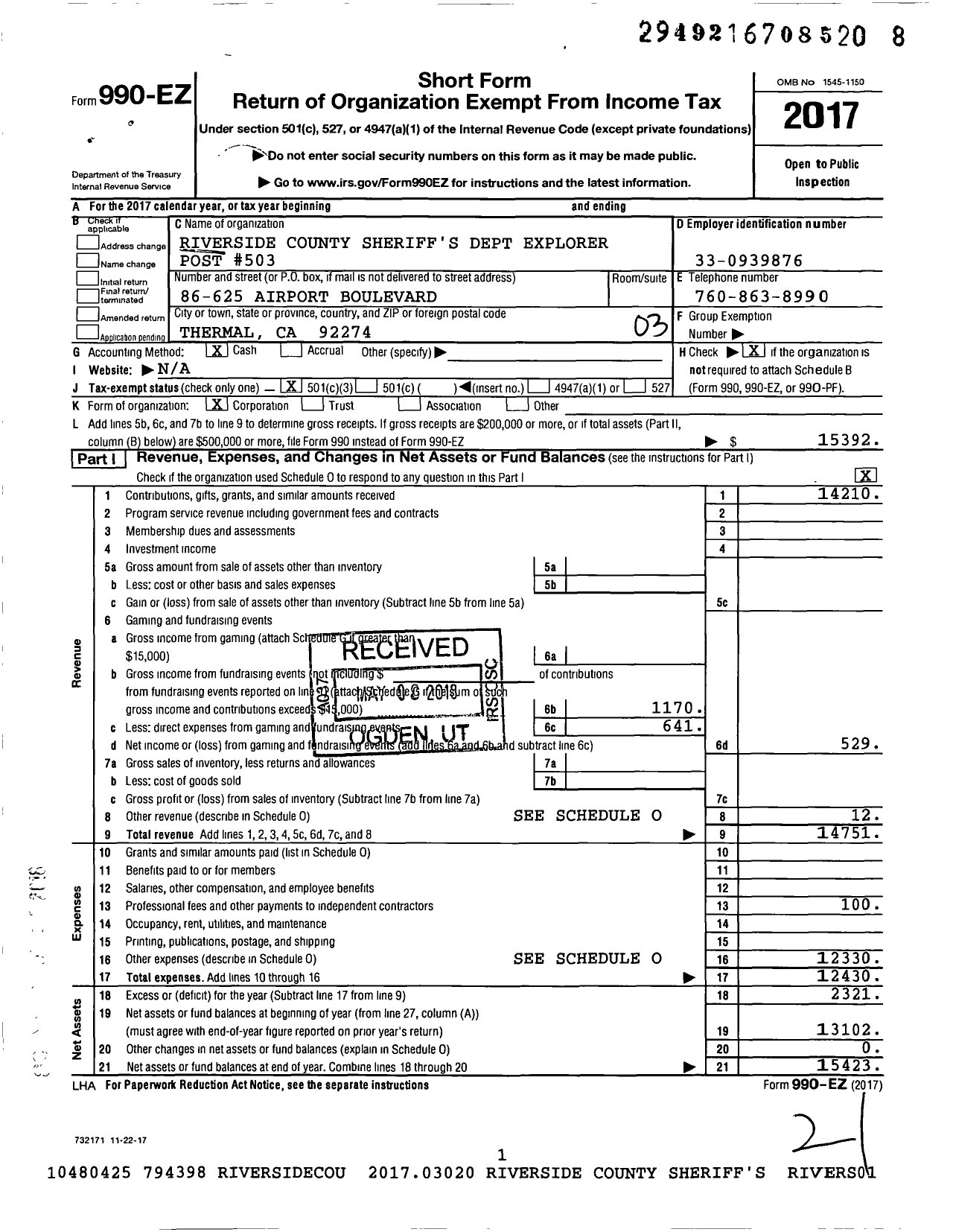 Image of first page of 2017 Form 990EZ for Riverside County Sheriffs Dept Exployer Post 503