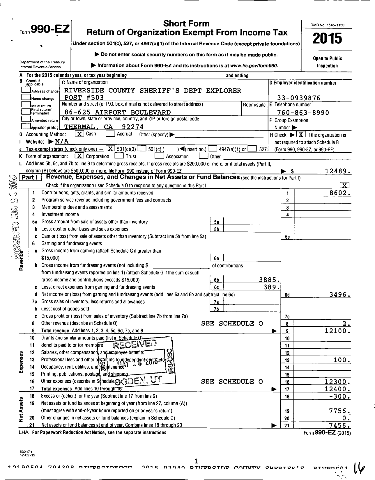 Image of first page of 2015 Form 990EZ for Riverside County Sheriffs Dept Exployer Post 503