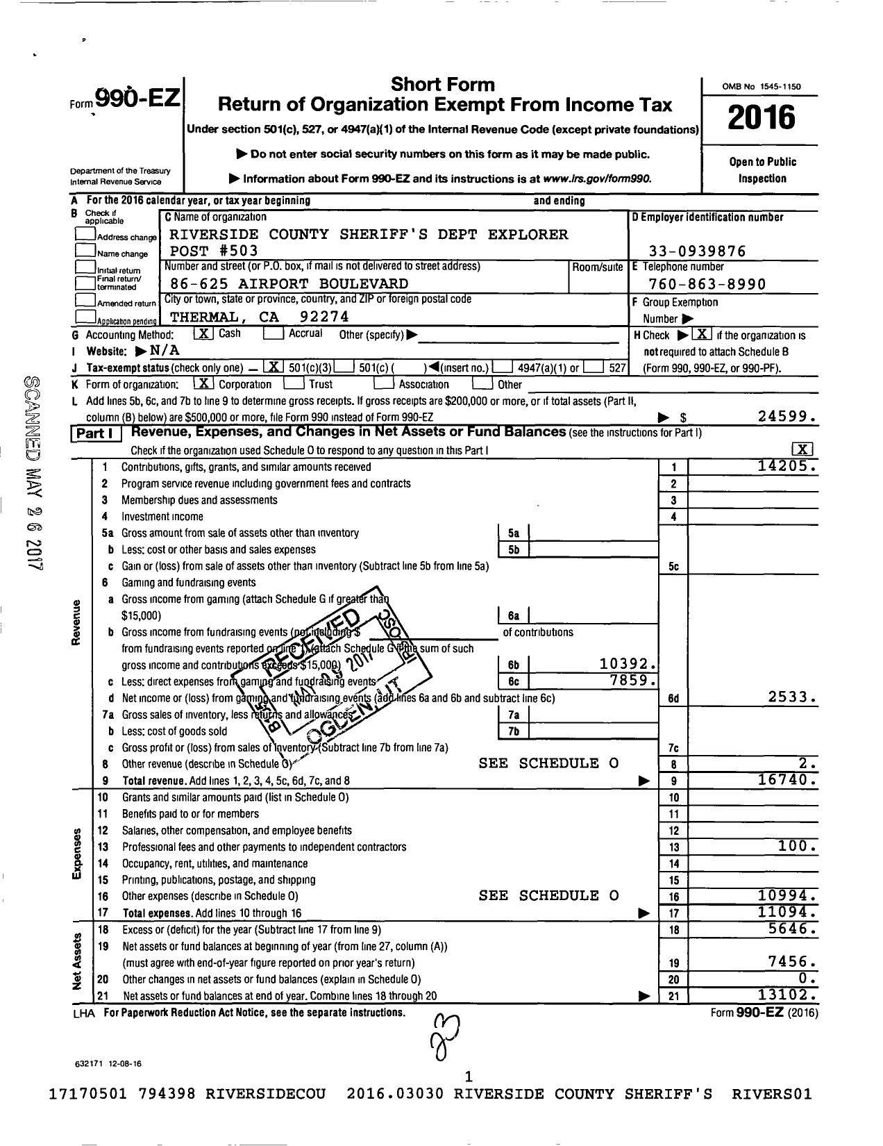 Image of first page of 2016 Form 990EZ for Riverside County Sheriffs Dept Exployer Post 503