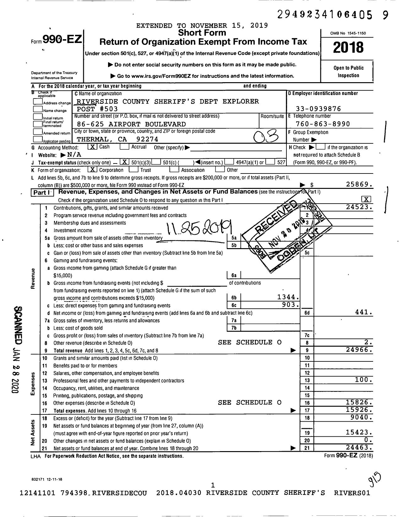 Image of first page of 2018 Form 990EZ for Riverside County Sheriffs Dept Exployer Post 503