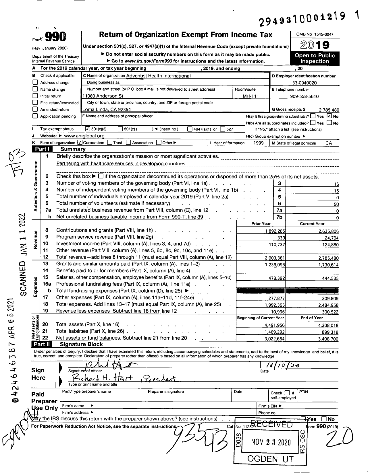 Image of first page of 2019 Form 990 for Adventist Health International