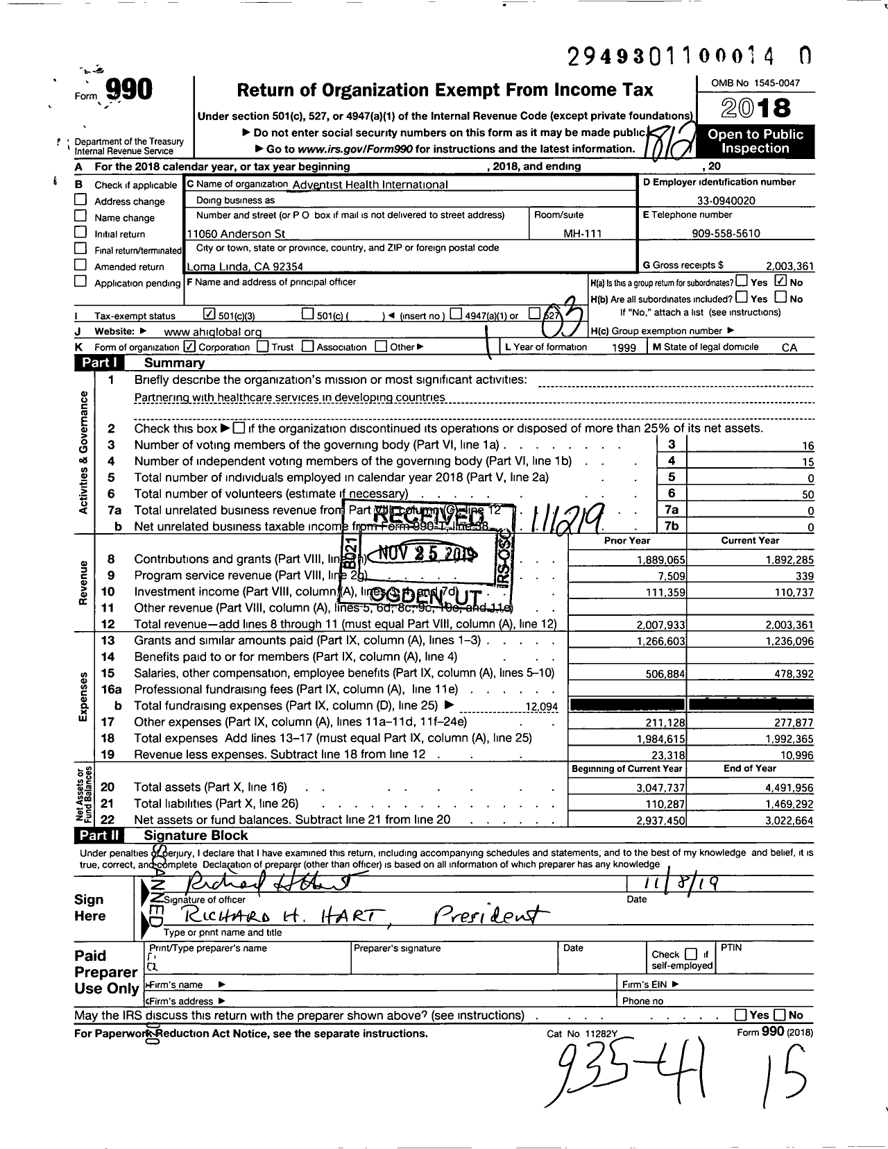 Image of first page of 2018 Form 990 for Adventist Health International