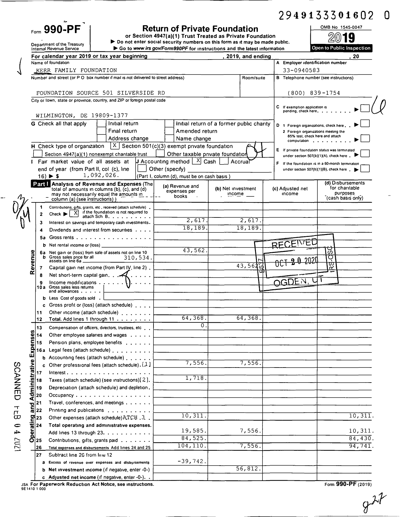 Image of first page of 2019 Form 990PF for Kerr Family Foundation