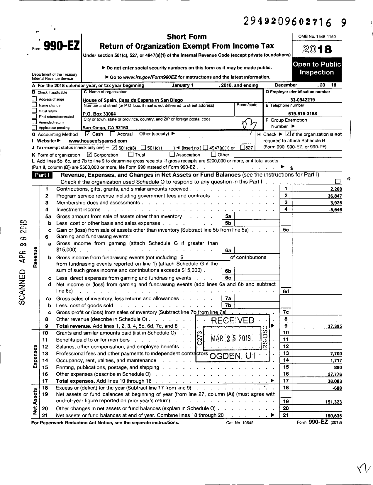 Image of first page of 2018 Form 990EZ for House of Spain Casa de Espana in San Diego