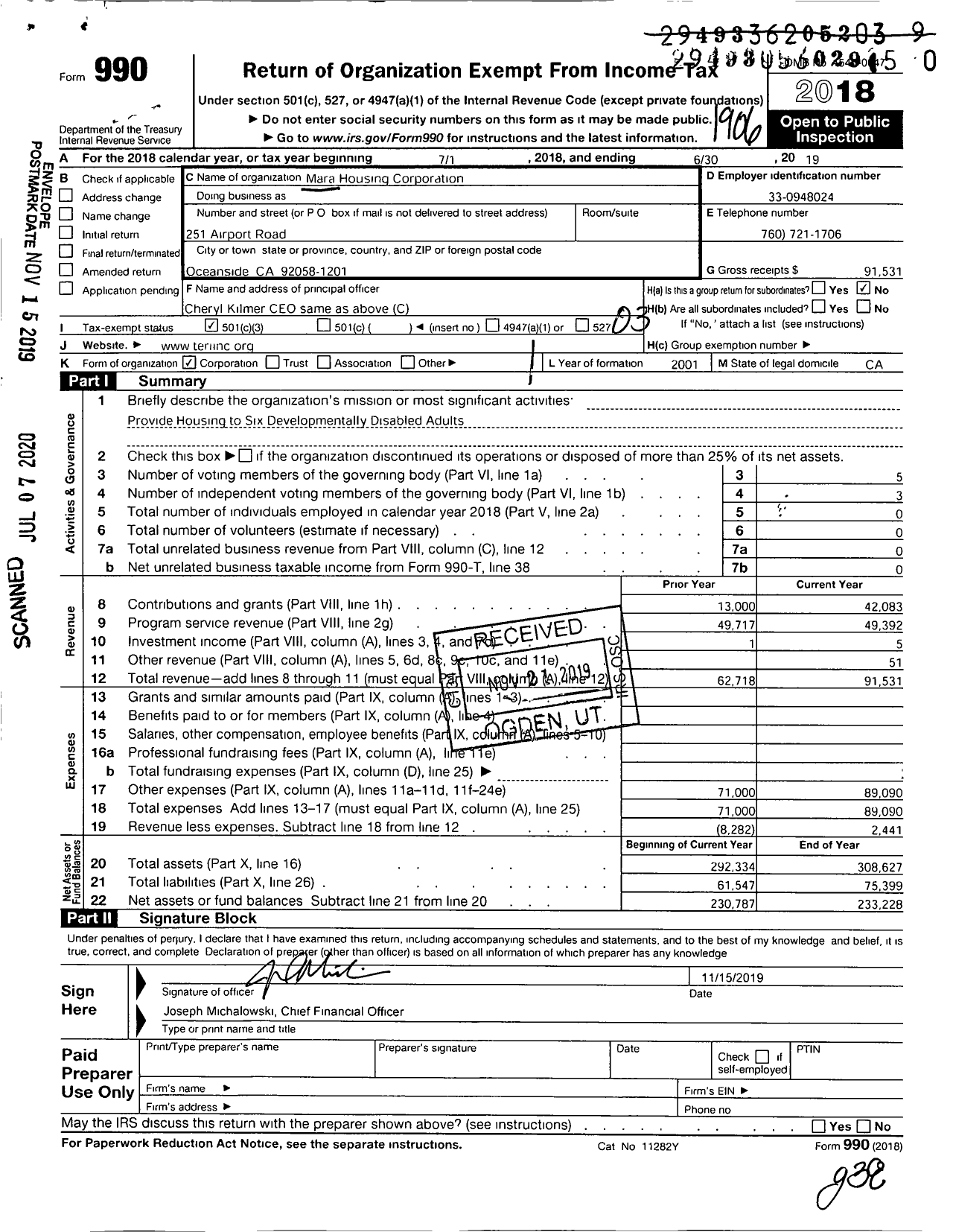 Image of first page of 2018 Form 990 for Mara Housing Corporation