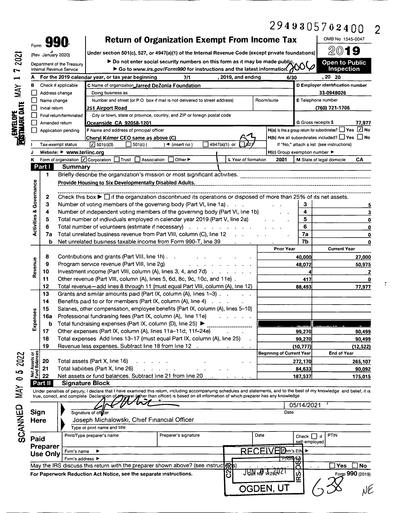 Image of first page of 2019 Form 990 for Jarred DeZonia Foundation