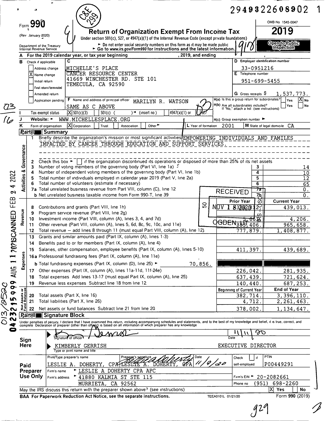 Image of first page of 2019 Form 990 for Michelles Place Cancer Resource Center
