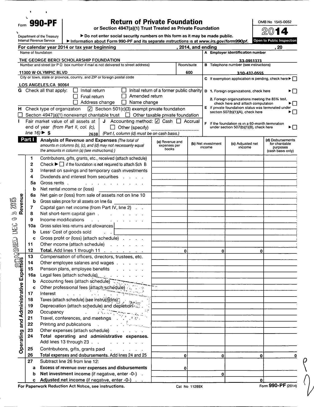 Image of first page of 2014 Form 990PF for George Berci Scholarship Foundation