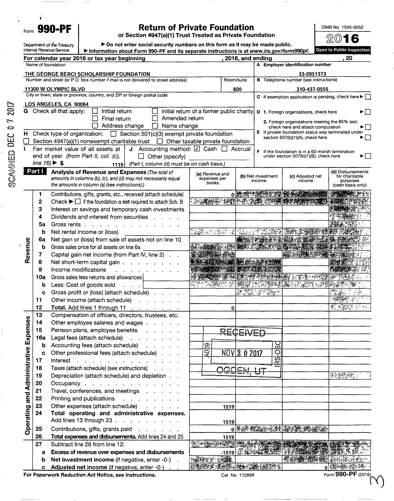 Image of first page of 2016 Form 990PF for George Berci Scholarship Foundation