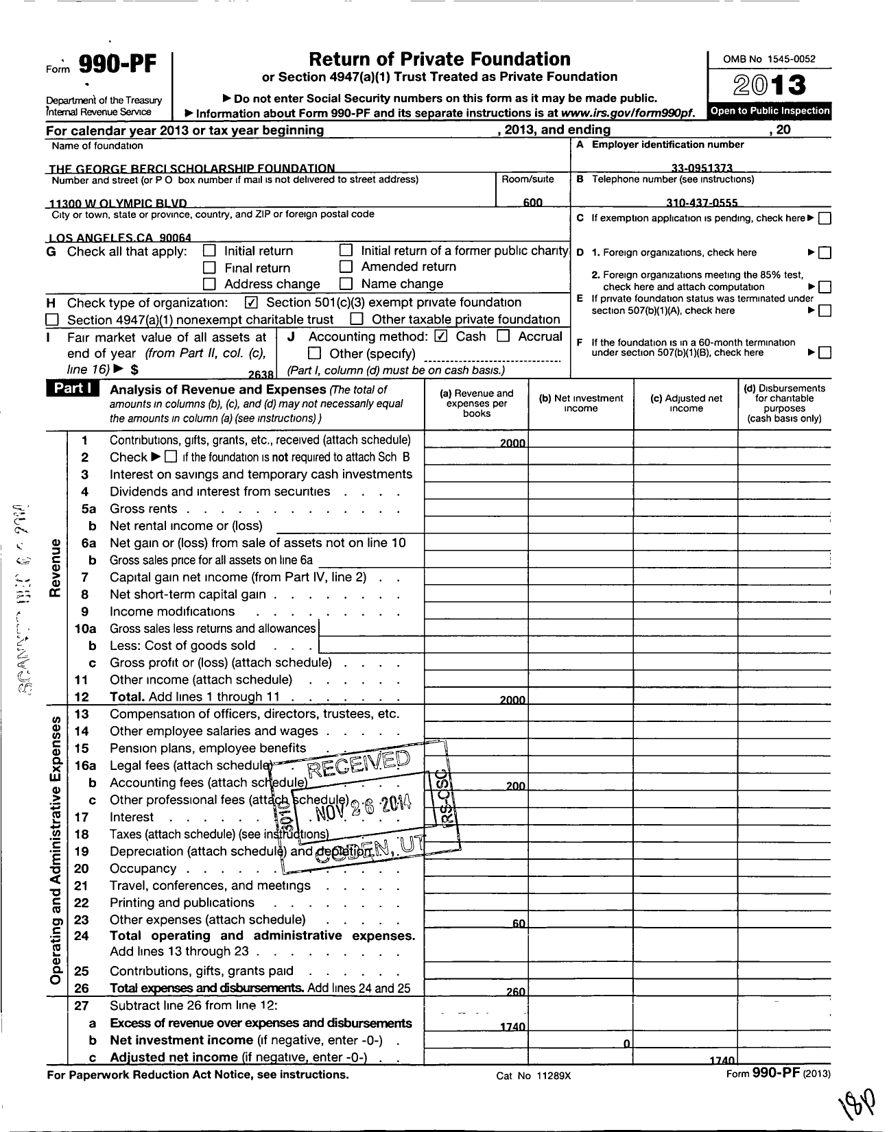 Image of first page of 2013 Form 990PF for George Berci Scholarship Foundation