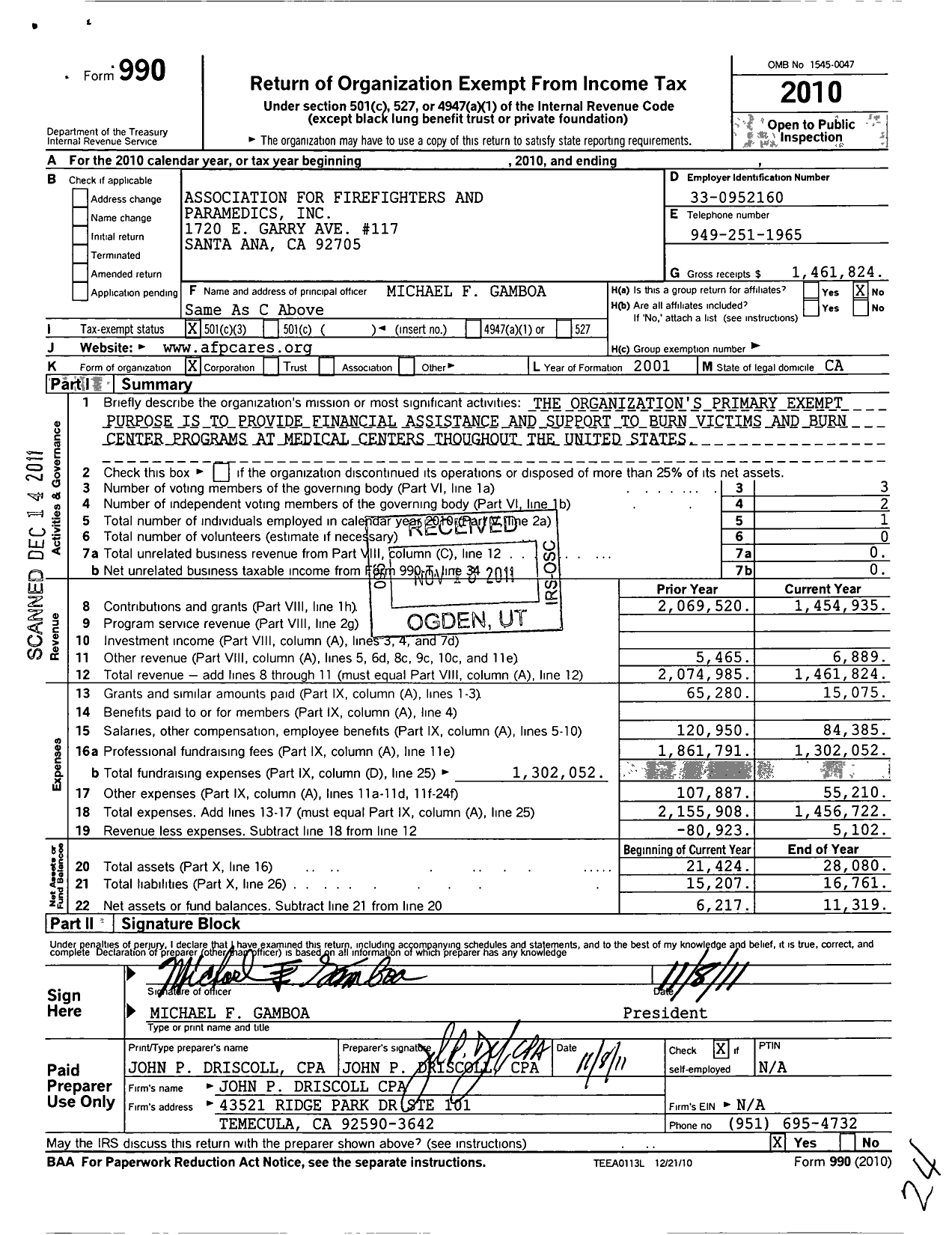 Image of first page of 2010 Form 990 for Association for Firefighters and Paramedics