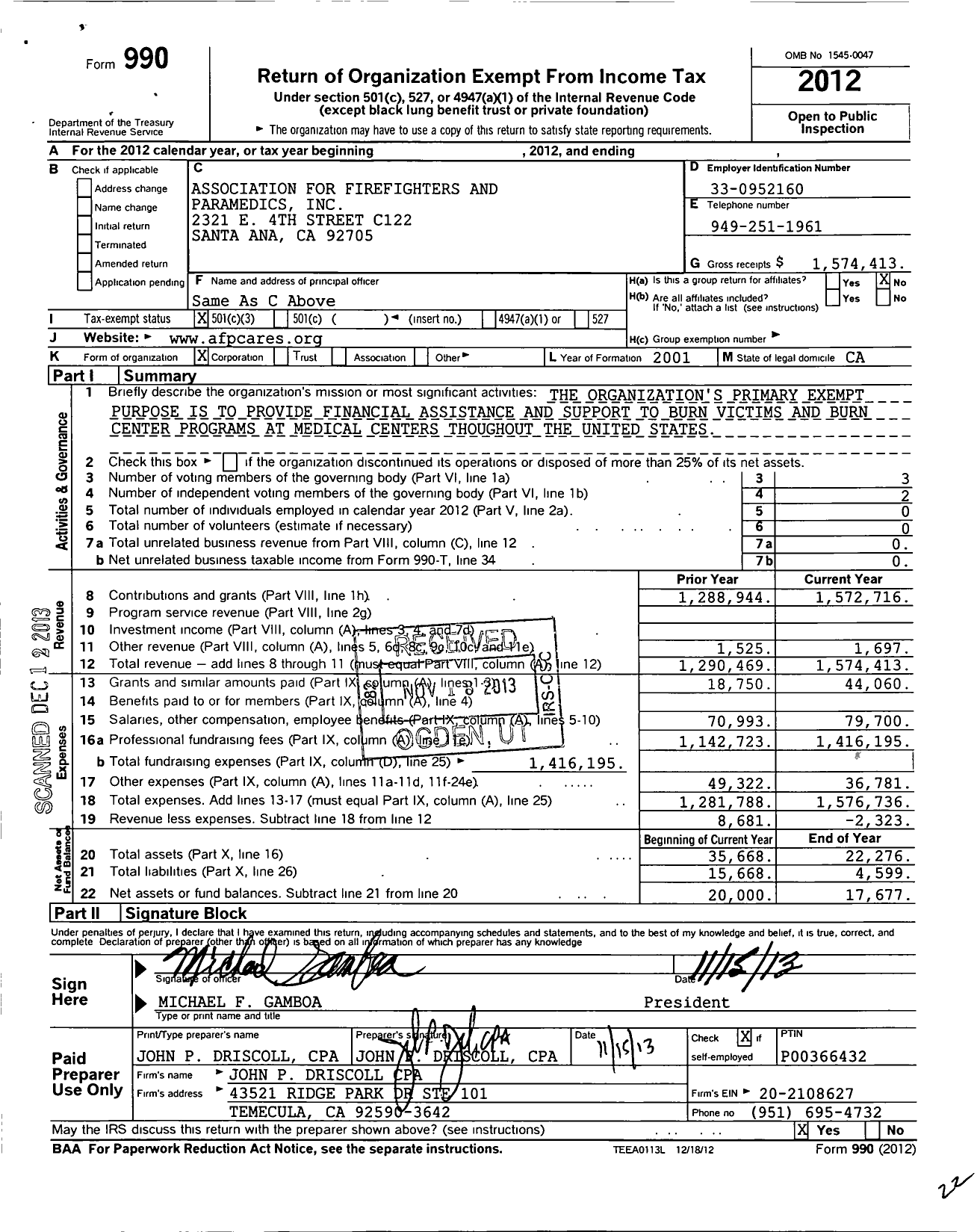 Image of first page of 2012 Form 990 for Association for Firefighters and Paramedics