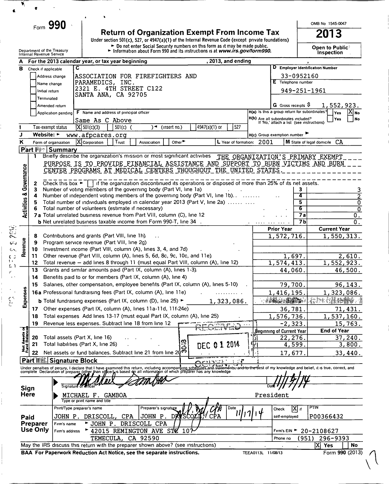 Image of first page of 2013 Form 990 for Association for Firefighters and Paramedics