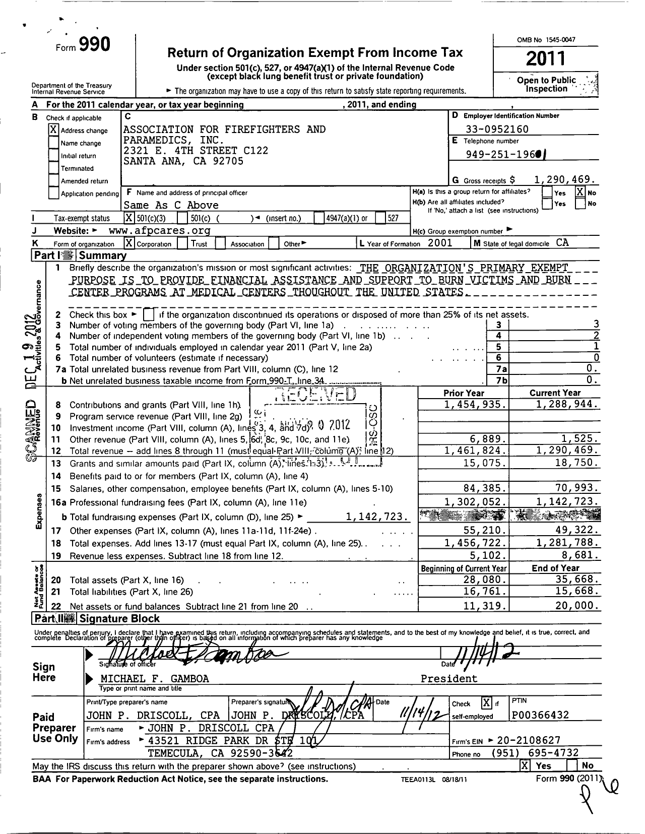 Image of first page of 2011 Form 990 for Association for Firefighters and Paramedics