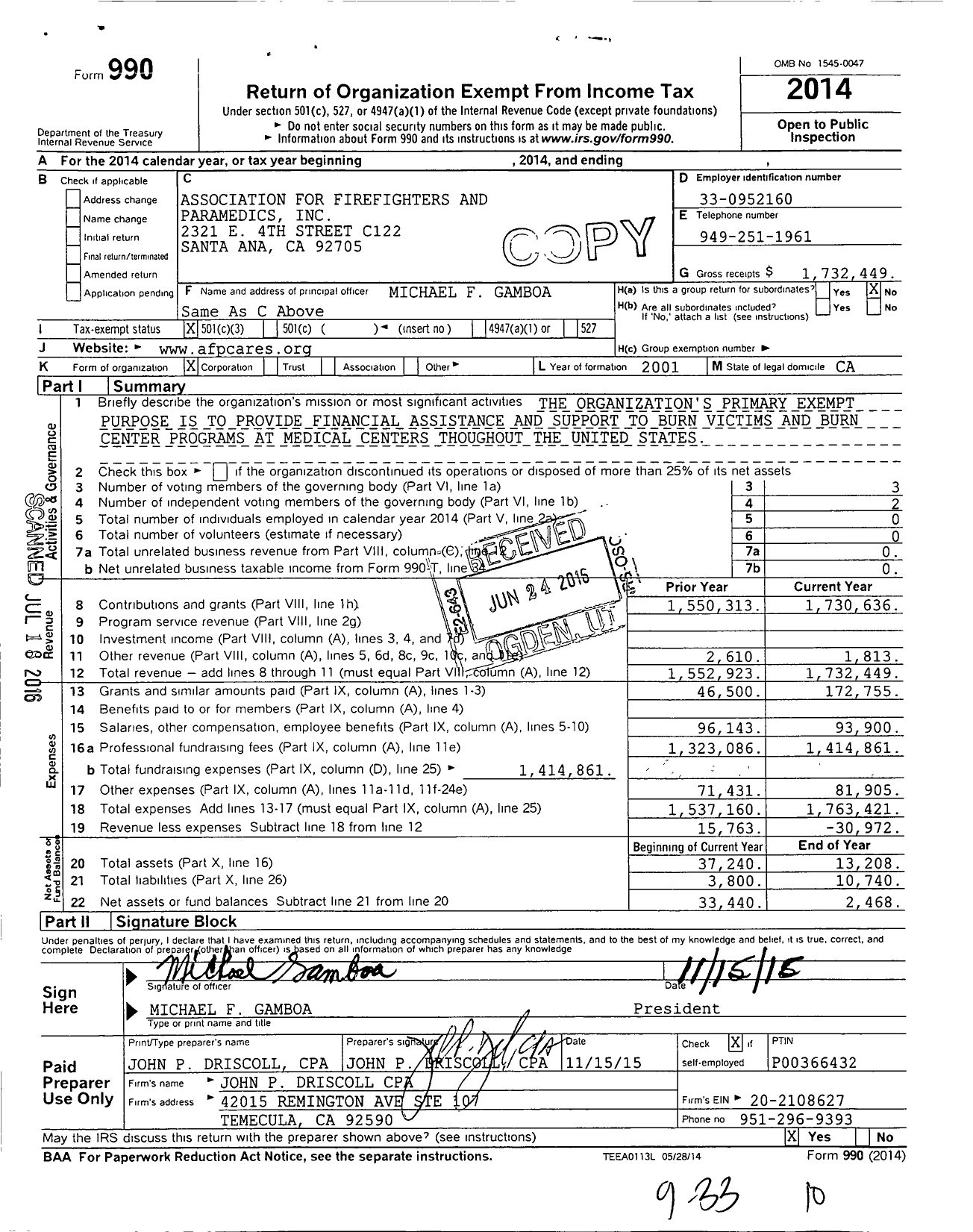 Image of first page of 2014 Form 990 for Association for Firefighters and Paramedics