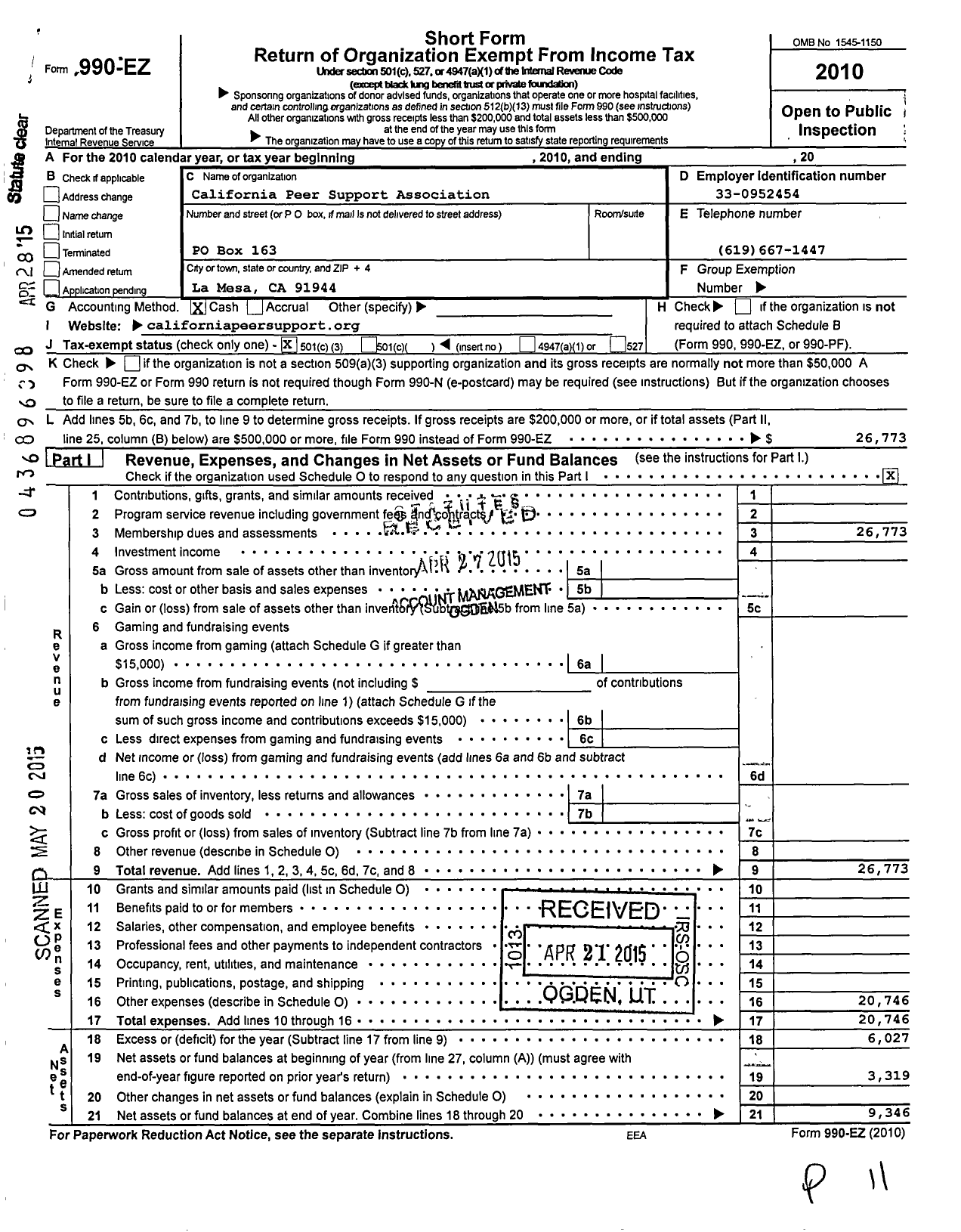 Image of first page of 2010 Form 990EZ for California Peer Support Association (CPSA)