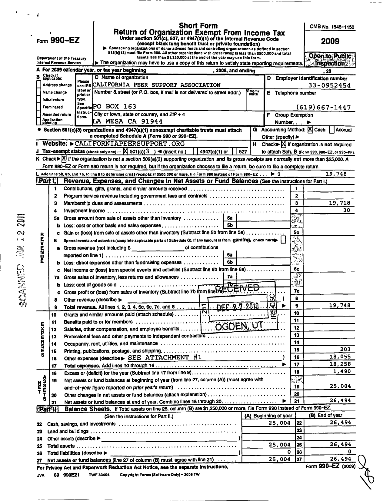 Image of first page of 2009 Form 990EZ for California Peer Support Association (CPSA)