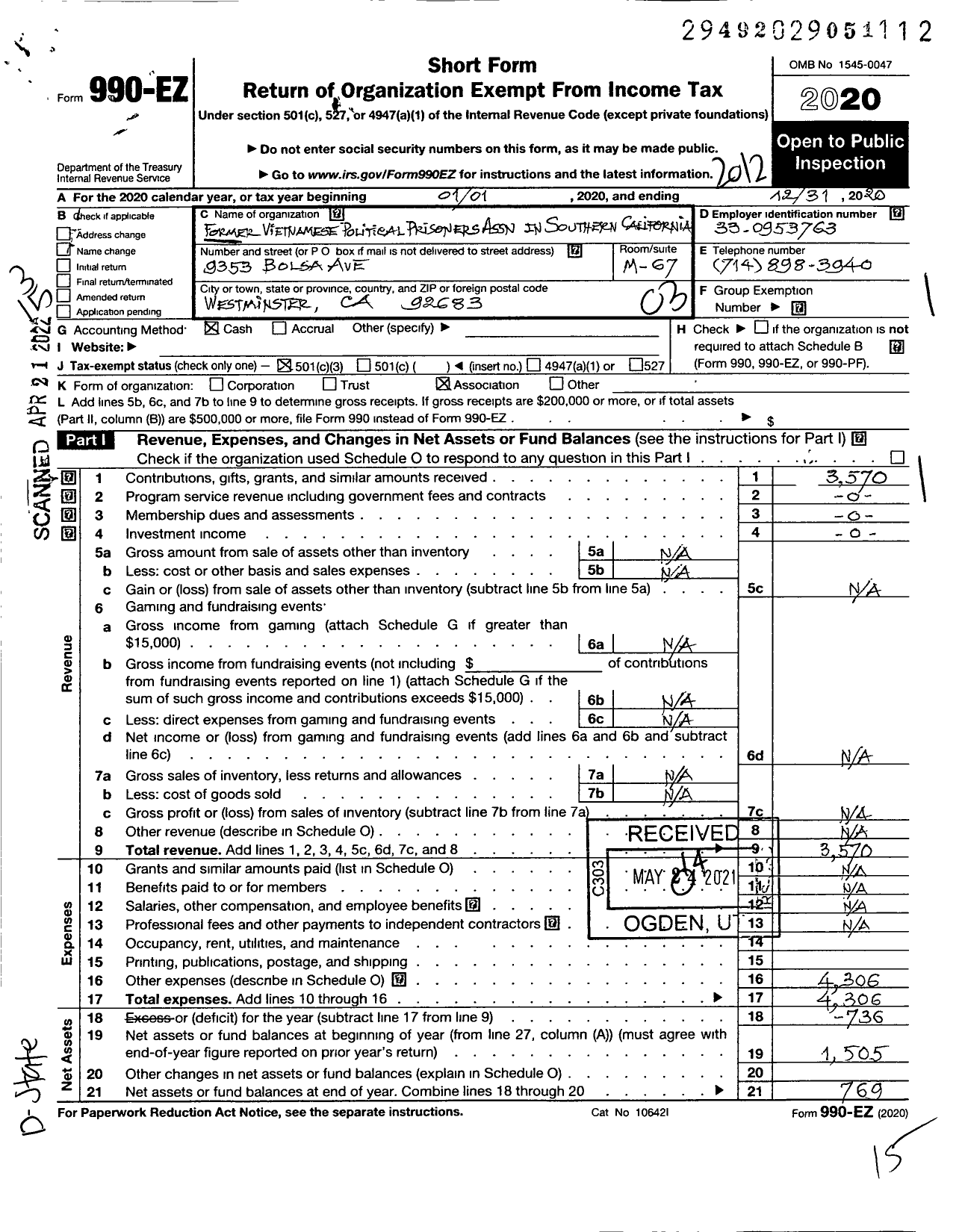 Image of first page of 2020 Form 990EZ for Former Vietnamese Political Prisoners Association in Southern California