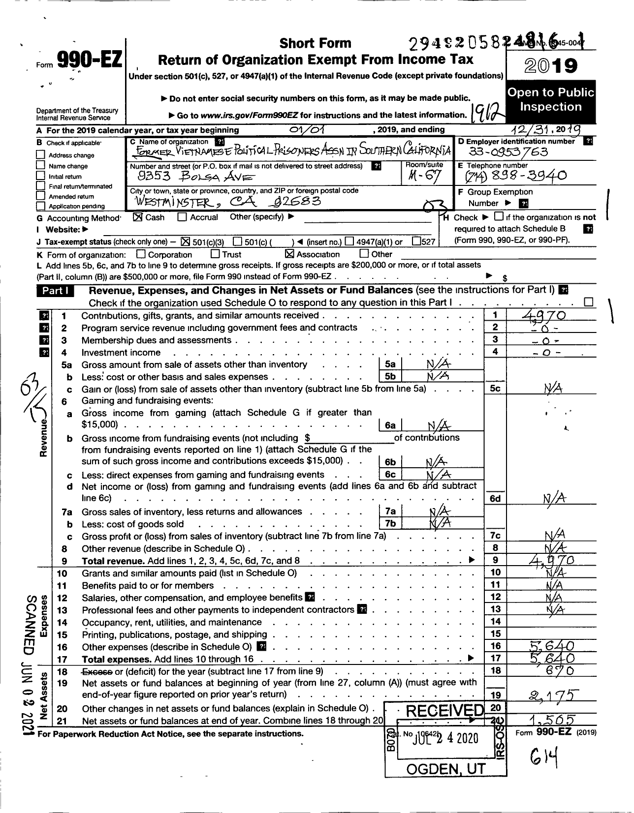 Image of first page of 2019 Form 990EZ for Former Vietnamese Political Prisoners Association in Southern California